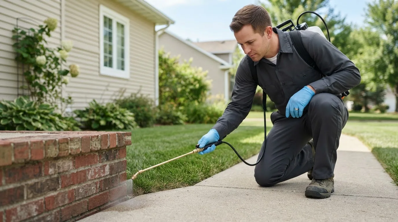 Pest control technician treating a home near Mccoy, CO